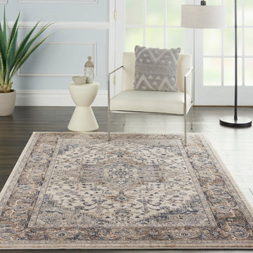 Quarry QUA05 Traditional Persian Vintage Distressed Medallion Border Soft Textured Durable Low Profile Short Pile Ivory/Grey/Beige/Steel Blue Rug-Nourison-Rug Love - The Most Loved Rug Store